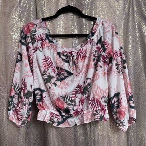 Guess White Pink Tropical Floral Lightweight Balloon Sleeve Blouse Medium